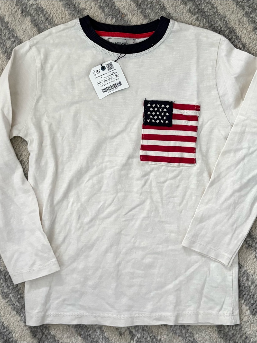 Zara White Long Sleeve Tee with American Flag Pocket size 7 nwt